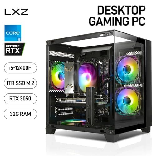 Gaming PC, Prebuilt Desktop with Intel 12th Core i5-12400F & GeForce RTX3050, 32G DDR4 RAM, 1TB NVME SSD, Tower Computer for Gaming, Home and Office (Black)