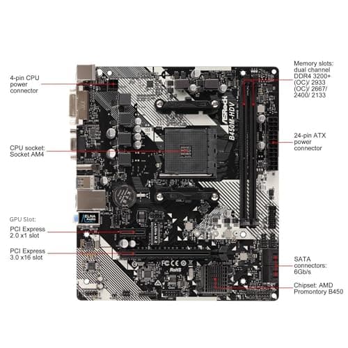 B450M-HDV R4.0 AMD B450 AM4 Socket Ryzen 2000 - 5000 Processors DDR4 3200 64GB HDMI DVI-D D-Sub Motherboard SATA 6Gb/s Micro ATX M.2
