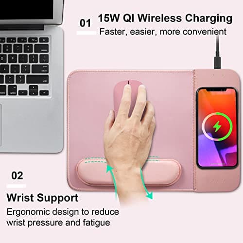 15W Wireless Charging Mouse Pad with Detachable Wrist Support and 20W Power Adapter, Fast QI Wireless Phone Charger Mouse Mat for iPhone 16/15/14/13/12/11/X and Samsung Multiple Devices (Pink)
