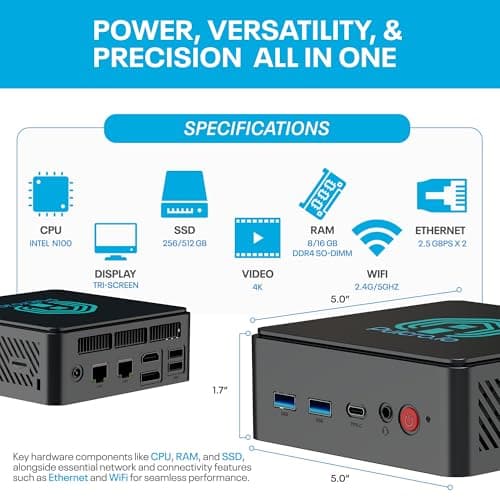No OS | Pulcro TK Two Mini PC | N100 CPU, 16GB DDR4 RAM, 256GB M2 SSD, 4K HDMI+DisplayPort+USB Support, 4X USB, 2.5Gbps Ethernet, WiFi, BT