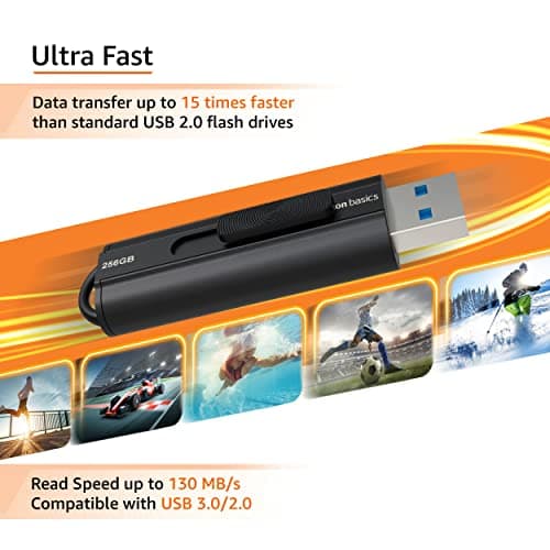 Amazon Basics 256 GB Ultra Fast USB 3.1 High Capacity Flash Drive for Data Transfer and Storage, Black