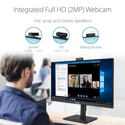 ASUS 27” 1080P Video Conferencing Monitor (BE279QFK) - Full HD, IPS, 100Hz, Frameless, Built-in Webcam, Mic Array, Speaker, Height Adjustable, Ergonomic Design, Eye Care, Wall Mountable, 3 yr warranty