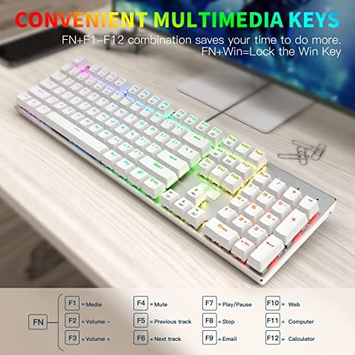 HUO JI E-Yooso Z-88 RGB Mechanical Gaming Keyboard USB Wired, Customizable RGB Backlit, Blue Switches - Clicky, Metal Panel, 104 Keys for Mac, PC, Silver+White