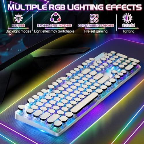 Typewriter Style Mechanical Gaming Keyboard RGB Backlit Wired with Blue Switch Retro Round Keycap 104 Keys Keyboard (White 104 Keys RGB)