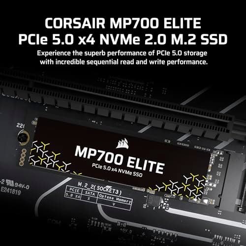 Corsair MP700 Elite 1TB PCIe 5.0 x4 NVMe M.2 SSD – Up to 10,000MB/sec – High-Density 3D TLC NAND – M.2 2280 - DirectStorage Compatible – Black