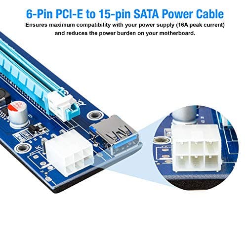 Kingwin PCIe Riser Card Adapter 1x to 16x with 6-Pin Power Cable, SATA to PCI-E Extension Cable for GPU Bitcoin Mining, Ethereum, ETH, Crypto Mining Rig (Latest Version)