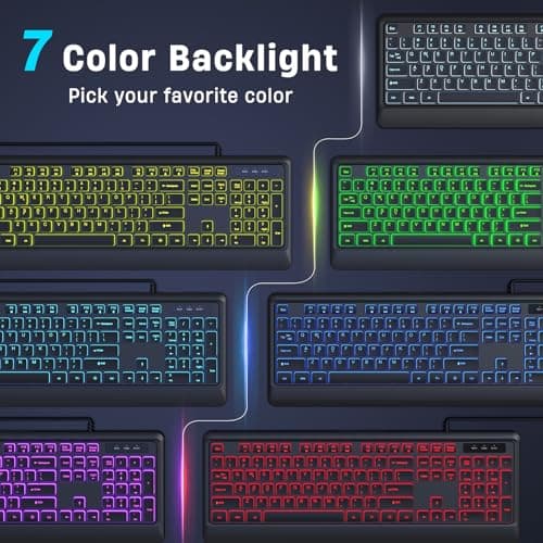 Backlit Wired Keyboard, USB Lighted Computer Keyboards with 7 Colors Backlight, Full Size Silent Keyboard with Media Hotkey for Windows Desktop, PC, Laptop (Black, M)
