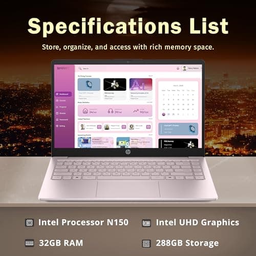 HP Flagship 14" HD Student&Business Laptop, Intel N150 CPU(Beats i3-1115G4), 32GB RAM, 288GB Storage (128GB UFS + 160GB Docking Set), W/1 Year Office 365&AI-Copilot, Webcam, Bluetooth, Win 11s, Pink