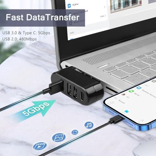 VIENON 4-Port USB 3.0 Hub [90°/180° Degree Rotatable], USB Splitter with 3 USB-A Ports & 1 USB C Power/Data Port, USB Extender for Laptop, Car, iMac, MacBook Air, MacBook Pro, and More