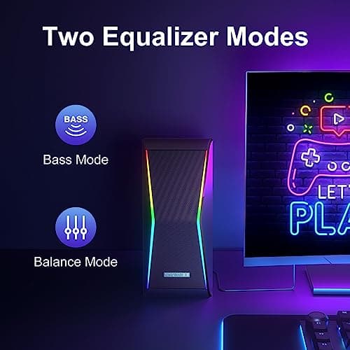 Computer Speakers, Bluetooth 5.0 Hi-Fi Stereo PC Speakers, 4 Dynamic Lighting Modes, AC Adapter Powered and 3.5mm AUX-in Computer Speakers for Desktop PC, Monitor, Laptop, Tablet, Phone