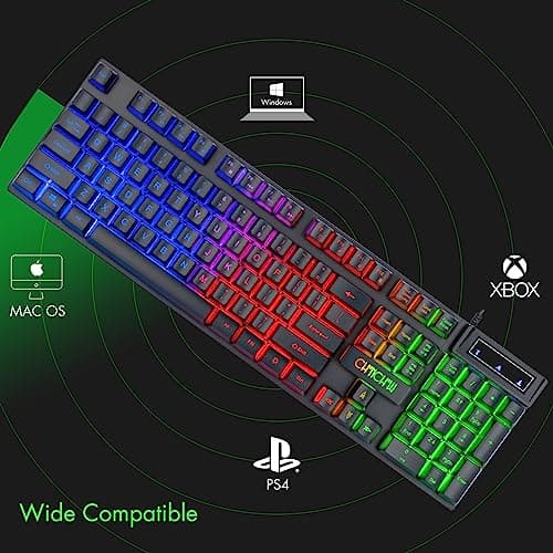 CHONCHOW Gaming Keyboard and Mouse Led Backlit USB Wired with Light Up 104Key 3600DPI 2 Side Button Mouse Keyboard Mechanical Feeling Compatible with PC Mac OS Xbox Ps4 Ps5 with Mousepad