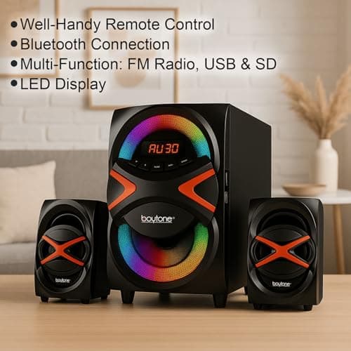 Boytone BT-326F, 2.1 Bluetooth Powerful Home Theater Speaker System, with FM Radio, SD USB Ports, Digital Playback, 40 Watts, Disco Lights, Full Function Remote Control, for Smartphone, Tablet., Black