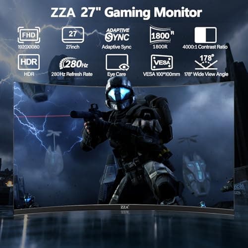 ZZA 27 Inch Gaming Monitor, Computer Monitor Frameless Ultra-Fast 280Hz/240Hz 1ms FHD 1080P,Curved Monitor 1800R|FreeSync|99% sRGB|HDR|Low Blue Light|HDMI DP Ports|VESA Mount|Metal Stand