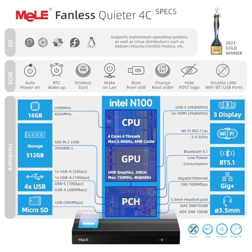 MeLE Mini PC Quieter 4C - 12th Gen N100, Fanless PC, 16GB RAM, 512GB Storage, 2.4/5G Wi-Fi, Full-Functional USB-C, 4K Triple Display Desktop on Home, Office, Education, Astrophotography