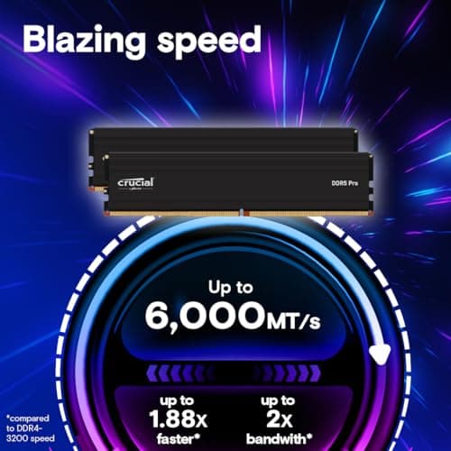 Crucial Pro 32GB DDR5 RAM Kit (2x16GB), 6000MHz (or 5600MHz or 5200MHz or 4800MHz) Desktop Memory UDIMM 288-pin, Compatible with 13th Gen Intel Core and AMD Ryzen 7000 - CP2K16G60C48U5