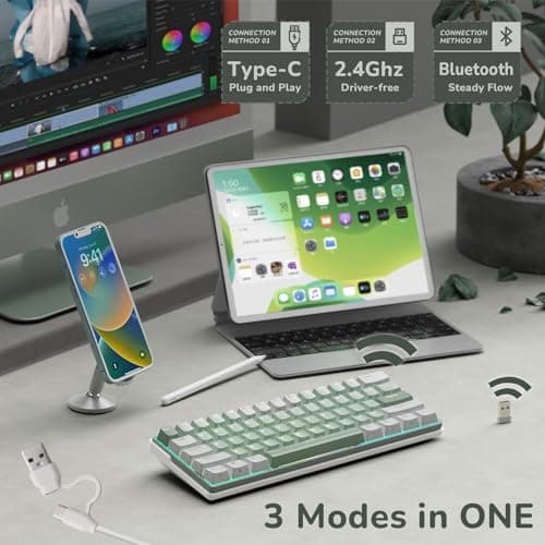 RK ROYAL KLUDGE RK61 Plus Wireless Gaming Keyboard, 60 Percent Mechanical Keyboard with Bluetooth/2.4Ghz/USB Wired, RGB Custom Keyboards for Win/Mac, PC Game, Hot Swappable Silent Linear Switch, Green