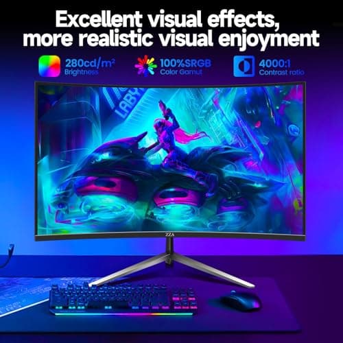 ZZA 32-Inch QHD Curved Gaming Monitor - 2K Resolution, 165Hz Refresh Rate, 1ms Response Time, FreeSync & G-Sync, HDR10, 122% sRGB Coverage, DP/HDMI, VESA Mount Compatible
