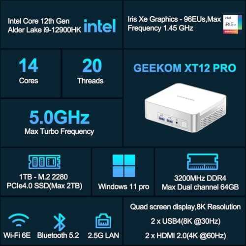 GEEKOM Mini PC XT12 Pro, 12th Gen Intel i9-12900HK NUC12 Mini Computers(14C/20T,Up to 5GHz), 32GB DDR4 RAM & 1TB PCIe Gen 4 SSD Mini PC Windows 11 Pro, 8K/Quad Display/USB4.0/WiFi 6E/BT5.2/2.5G LAN