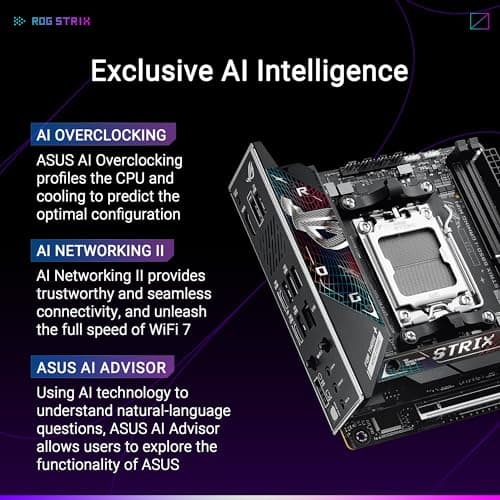 ASUS ROG Strix B850-I Gaming WiFi AMD AM5 B850 Mini-ITX mITX Motherboard 10+2+1 Stages, DDR5, 2.5G LAN, WiFi 7, 2X M.2, PCIe® 5.0 x16, USB 20Gbps Type-C®, AI Overclocking, AI Networking II, Aura Sync
