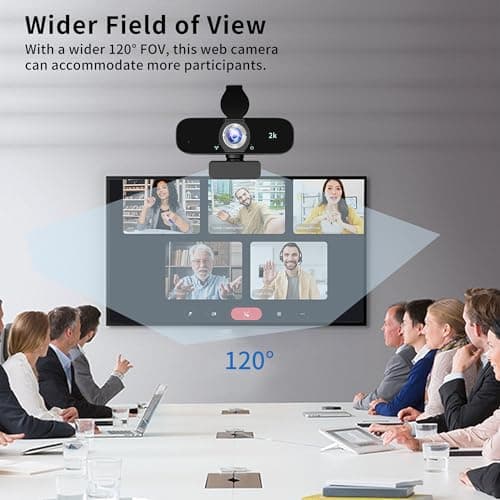 Webcam for PC, 2K Webcam with Noise-Canceling Mic, Tripod, Privacy Cover, 120°FOV, Auto Focus/Light Correction/Selfie Beauty, USB Web Camera for Streaming/Meeting/Video/Zoom/Broadcast/YouTube