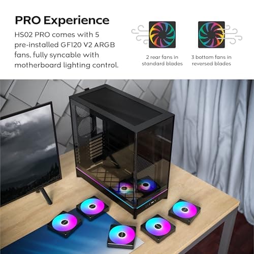 MONTECH HS02 PRO, ATX Mid-Tower PC Case, Gaming PC, High-Airflow, Reversible Layout, Sturdy Curved Tempered Glass Front Panel, 5x ARGB PWM Fan Pre-Installed, Sink-in Design, Toolless Panels, Black, US