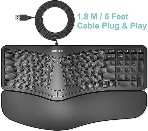 Arteck Ergonomic USB Wired Keyboard with Cushioned Wrist & Palm Rest, Backlit 7 Colors & Adjustable Brightness Comfortable Natural Split Keyboard with 6 Feet Wire for Windows Computer Desktop Laptop