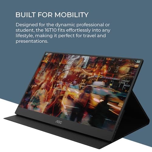 AOC 16T10 Portable Monitor 15.6 Inch FHD 1920x1080, IPS Panel, USB Type C x2,Mini HDMI x1, Smart Cover Included