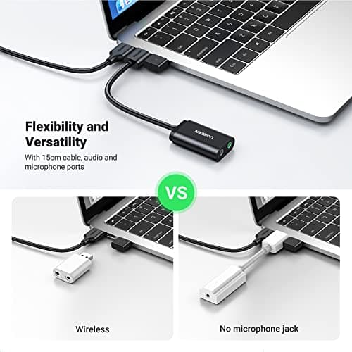 UGREEN USB to Audio Jack Sound Card Adapter with Dual TRS 3-Pole 3.5mm Headphone and Microphone USB to Aux 3.5mm External Audio Converter for Windows Mac Linux PC Laptops Desktops PS5 Switch 2
