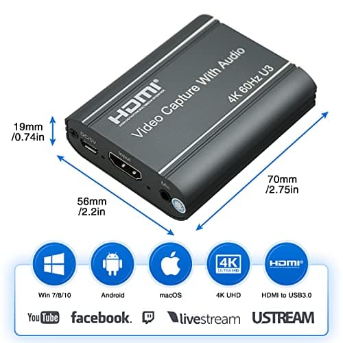 4K Video Capture Card, HDMI to USB 3.0 with Loopout for Nintendo Switch, 1080p 60fps Game Capture Device with Audio Output for Streaming, Xbox/PS4/PS5/PC, VLC/OBS/Amcap