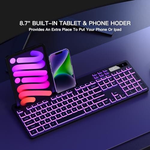 Wireless Keyboard with 7-Color RGB Backlit, Full-Size Computer Keyboard with Phone Tablet Holder, 2.4G Rechargeable Gaming Keyboard with Light Up Keys, Compatible with Mac, Windows (Black)