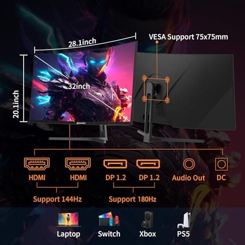 SANSUI 32-Inch Curved Gaming Monitor WQHD 2560 x 1440 180Hz Curved 1500R -1ms(OD), HDR, 300nits, sRGB 125%, DCI-P3 95%, FreeSync, HDMI x2, DP1.2x2(ES-G32C3 DP Cable Included)