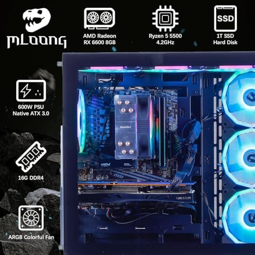 Darkness Dragon Gaming PC,AMD Ryzen 5 5500 4.2 GHz,AMD Radeon RX 6600 8GB Desktop Computer，1TB NVMe SSD,16GB DDR4 3200MHz, Air Cooled Prebuilt,600W PSU,Windows 11 Home & AI Powered Gamer PC