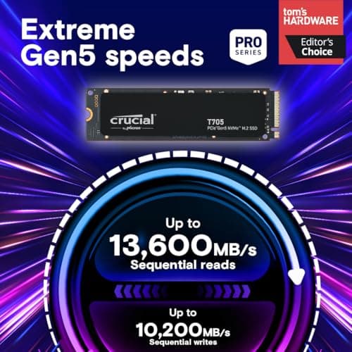 Crucial T705 1TB PCIe Gen5 NVMe M.2 SSD - Up to 13,600 MB/s - Game Ready - Internal Solid State Drive (PC) - +1mo Adobe CC - CT1000T705SSD3