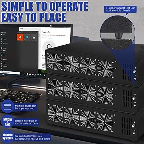 GPU Mining Rig Complete Mining Server Case for Ethereum/ETH Crypto Mining Prebuilt 8 GPU Mining Motherboard, 1800W PSU, 8 Cooling Fans, 4GB RAM,(without GPUs) -Black