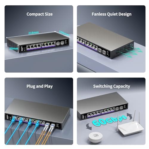 10 Port 2.5Gb Unmanaged Ethernet Switch with 8* 2.5G Base-T Ports + 2* 10G SFP+ Ports. NICGIGA 8 Port 2.5Gbps Network Switch for 2.5Gbps NAS/PC, WiFi6 Router, Wireless AP. Fanless Design.