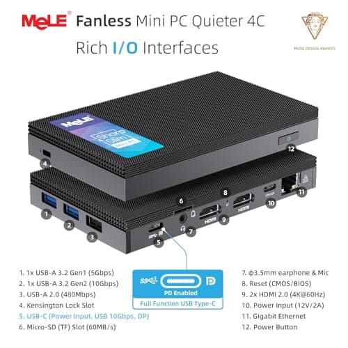 MeLE Mini PC Quieter 4C - 12th Gen N100, Fanless PC, 16GB Memory, 512GB Storage,with Windows 11 Pro, 2.4/5G Wi-Fi, Full-Functional USB-C, 4K Triple Display Desktop