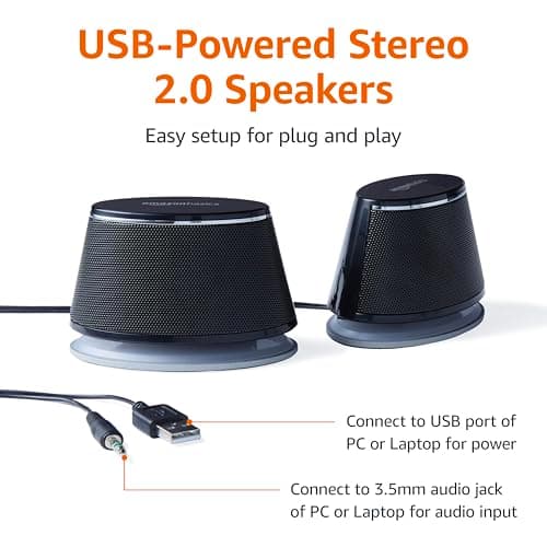Amazon Basics Stereo 2.0 Speakers for PC or Laptop, 3.5mm Aux input, USB-Powered, 1 Pair, Black