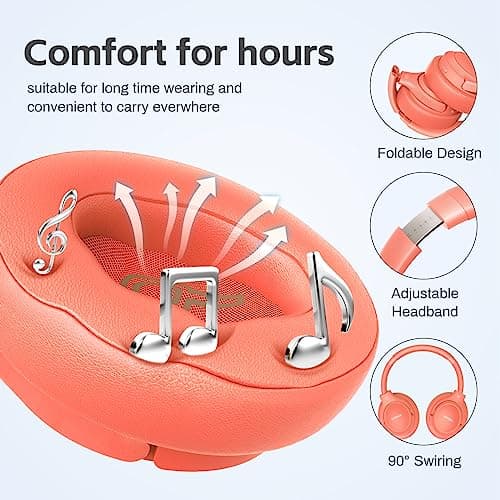Bluetooth Headphones Over Ear,BERIBES 65H Playtime and 6 EQ Music Modes Wireless with Microphone,HiFi Stereo Foldable Lightweight Headset, Deep Bass for Home Office Outdoors Etc(Orange Red) (202A)