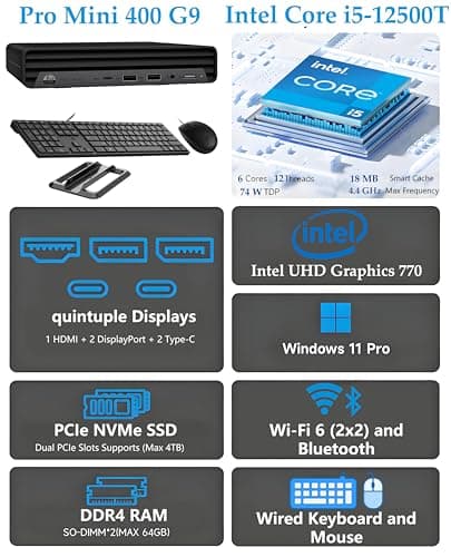 HP Pro Mini 400 G9 Business Mini Desktop Computer, Intel 6-Core i5-12500T (Beat i7-11700T), 16GB DDR4 RAM, 512GB PCIe SSD, WiFi 6, Bluetooth, 2 Type-C, HDMI, 2 DisplayPort, Windows 11 Pro, Vent-Hear