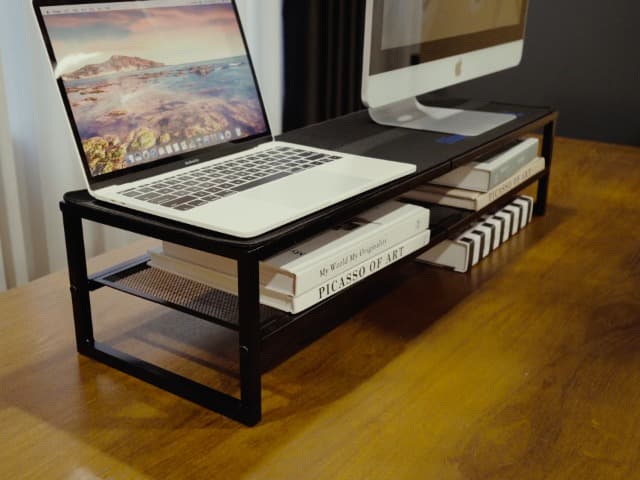 Simple Trending 2 Tier Metal Dual Monitor Stand Riser,Computer Office Desktop Organizer for 2 Monitors With 32"x10" Mouse Pad ,for Laptop,Printer,TV,Black