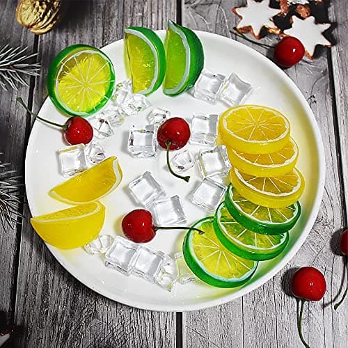 40 Pcs Fake Crushed Ice and Square Ice Rocks,10 Pcs Artificial Fruit Lemon Slices, 4 Pcs Simulation Lemon Blocks and 10 Pcs Lifelike Cherries for Home Kitchen Decoration Photography Prop