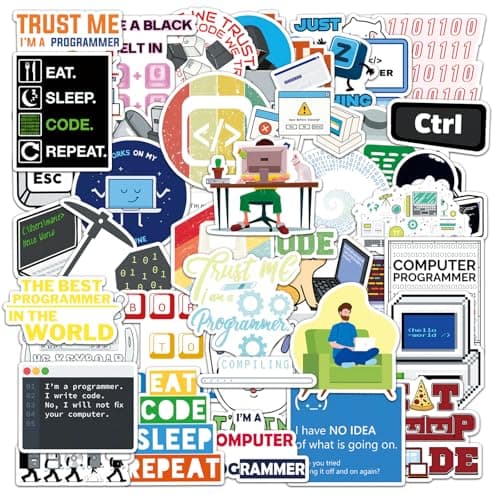 50Pcs Programmer Stickers Funny Programming Coding Vinyl Decals for Laptop Water Bottles Journals Developers IT Students Tech Lovers Computer Desks and Software Engineers