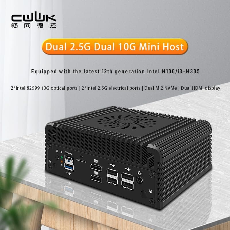 CWWK Mini PC N100 Firewall Hardware 2 x 10GbE SFP+, 2 x i226V 2.5GbE LAN OPNsense Appliance,AES-NI, 2HD, TypeC, TF Card Slot, M.2 WiFi Slot,NO RAM NO SSD