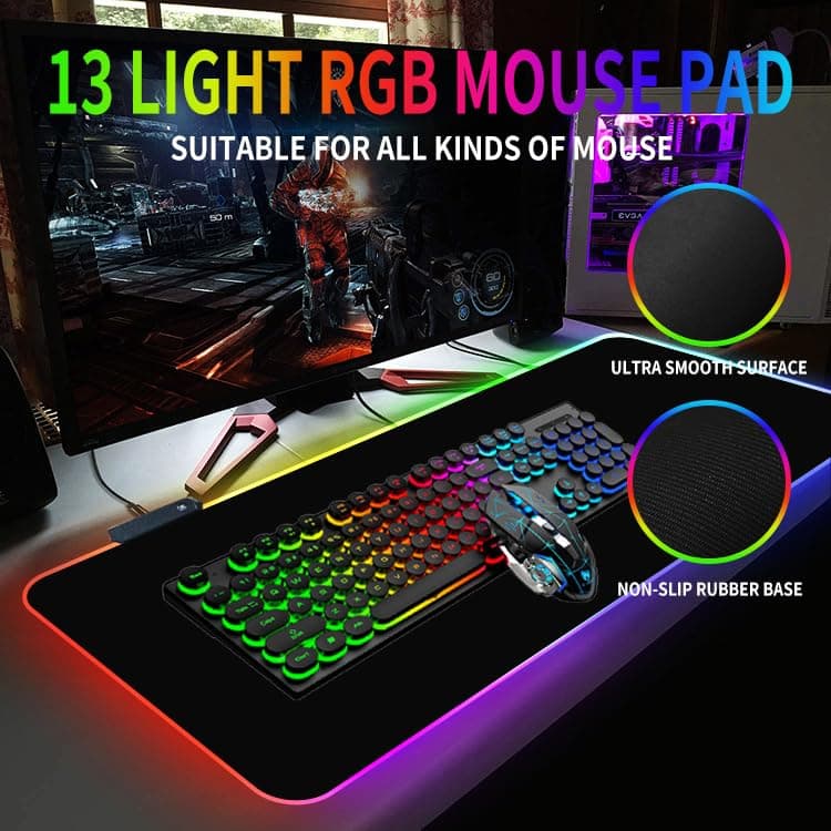 RGB Gaming Mouse Pad,Large Mouse Pad,13 Colors Led Light RGB PC Gaming Desk Mat, Non-Slip Rubber Based with Waterproof Coating Big Mouse Pad 31.5X11.8 in