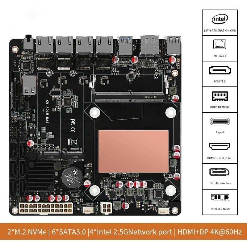 I3-N305 Industrial Motherboard NAS 8 Cores 8 Threads Low Power Processor 4x2.5G i226 Network M.2 Slot 6xSATA DP HDMI 2.0 PCIE ×1