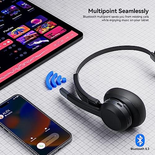 LEVN Trucker Headset, Trucker Bluetooth Headset with Noise Cancelling Microphone & Mute Button, Bluetooth Headsets V5.2 Multipoint for Work from Home/Cell Phone/Computer/Zoom/Teams/Truck Driver