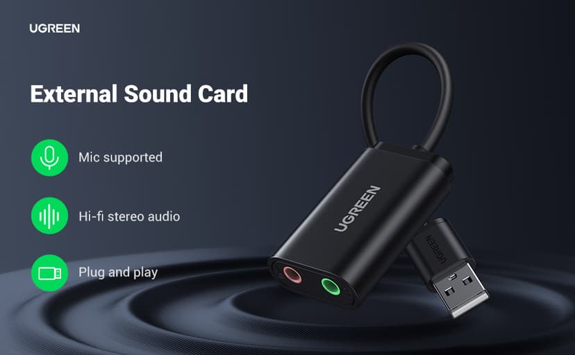 UGREEN USB to Audio Jack Sound Card Adapter with Dual TRS 3-Pole 3.5mm Headphone and Microphone USB to Aux 3.5mm External Audio Converter for Windows Mac Linux PC Laptops Desktops PS5 Switch 2
