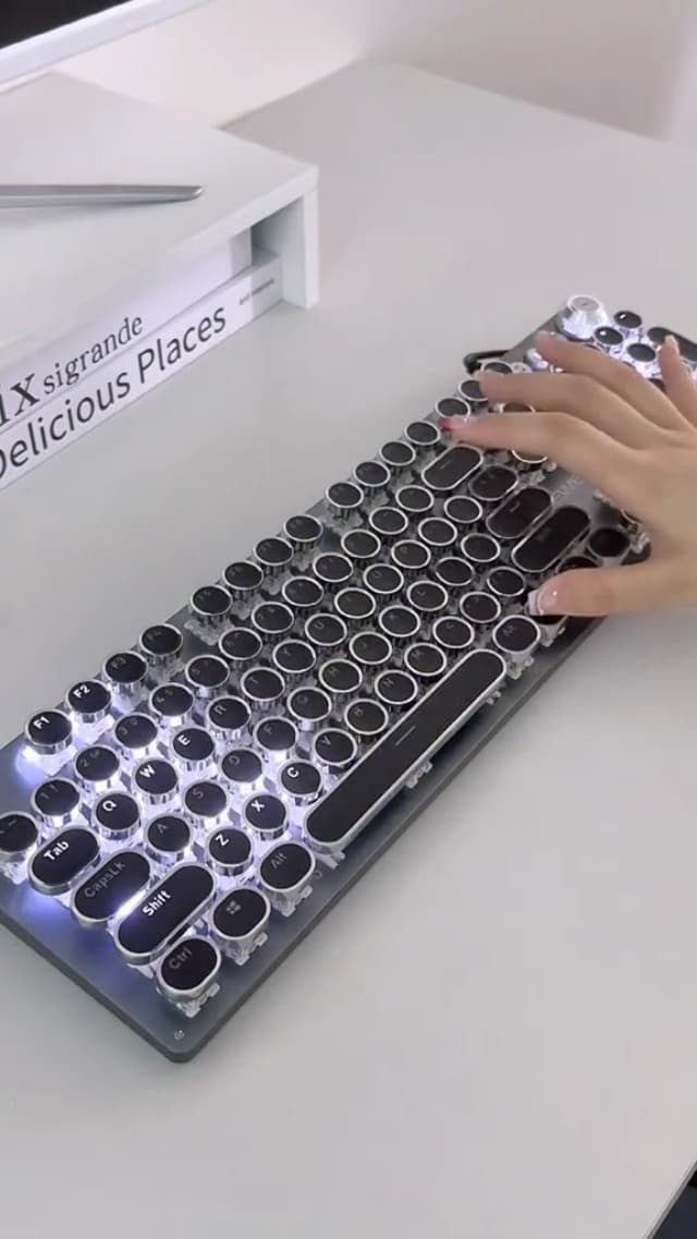EWEADN TK100 Typewriter Keyboard Wired Mechanical Keyboard, 104 Keys Aesthetic Typewriter Keyboards with White Backlit, Anti-Ghosting, Blue Switch Wired Cute Keyboards-Black