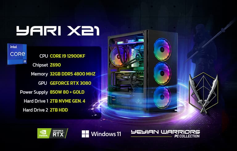 YEYIAN Yari X21 Gaming PC Computer, INTEL 12th Gen Alder Lake i9-12900KF 16-Core 3.2GHz, GeForce RTX 3080 10GB GDDR6X, 2TB NVMe Gen 4 SSD, 2TB 3.5” HDD, 32GB DDR5 4800MHz, 240mm AIO ARGB WiFi 6 BT 5.2