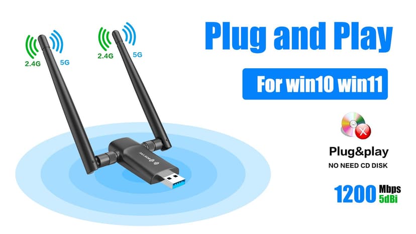 Wireless USB WiFi Adapter for PC - Nineplus 1300Mbps Dual 5Dbi Antennas 5G/2.4G WiFi Adapter for Desktop PC Laptop Windows11/10/8/7/Vista/XP, Wireless Adapters for Desktop Computer Network Adapters